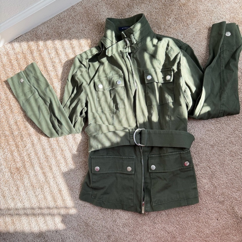 Jones New York Green Utility Jacket Size Small | Belted Military Zip Front